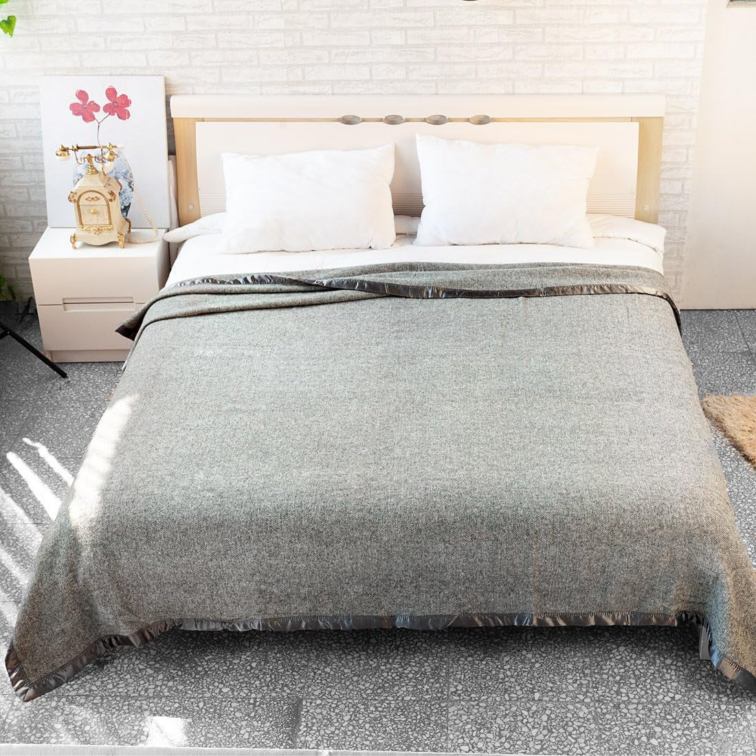 Bed Throws - Wool Herringbone Throw Blanket, Grey, Queen Size
