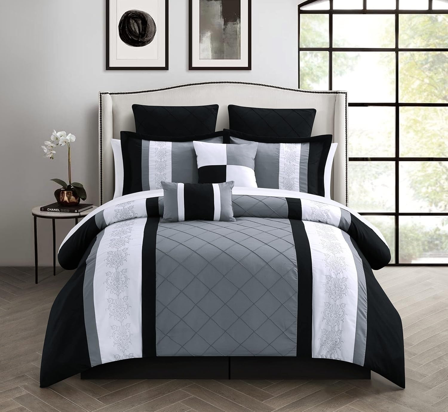 8-Piece Embroidery Comforter Set, Queen, Livingston Black