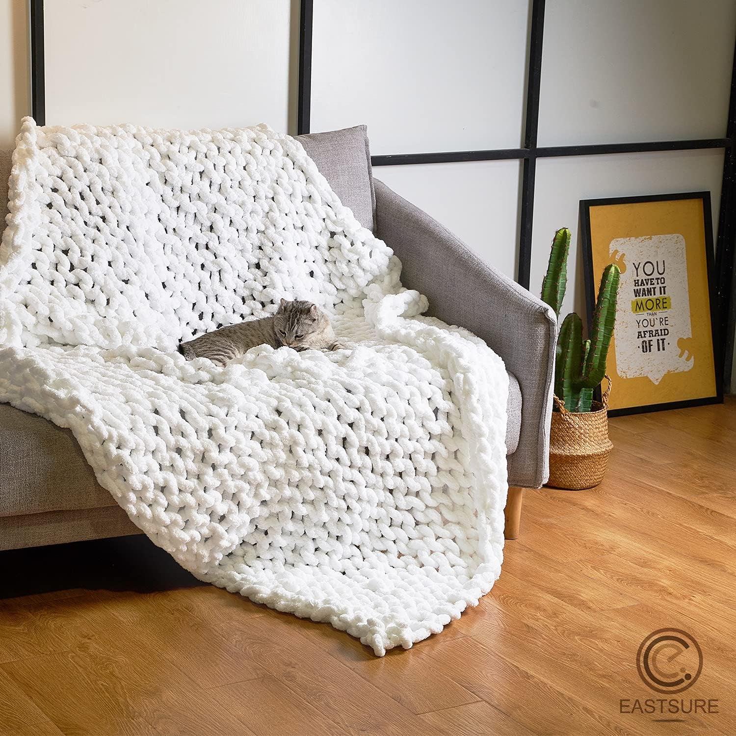 Chunky Knit Blanket Chenille Throw - Warm Soft Cozy for Sofa Bed Boho Home Decor 100% Hand Made Stylish & Cosy Throw Blanket White 60"X80"(Full Size)