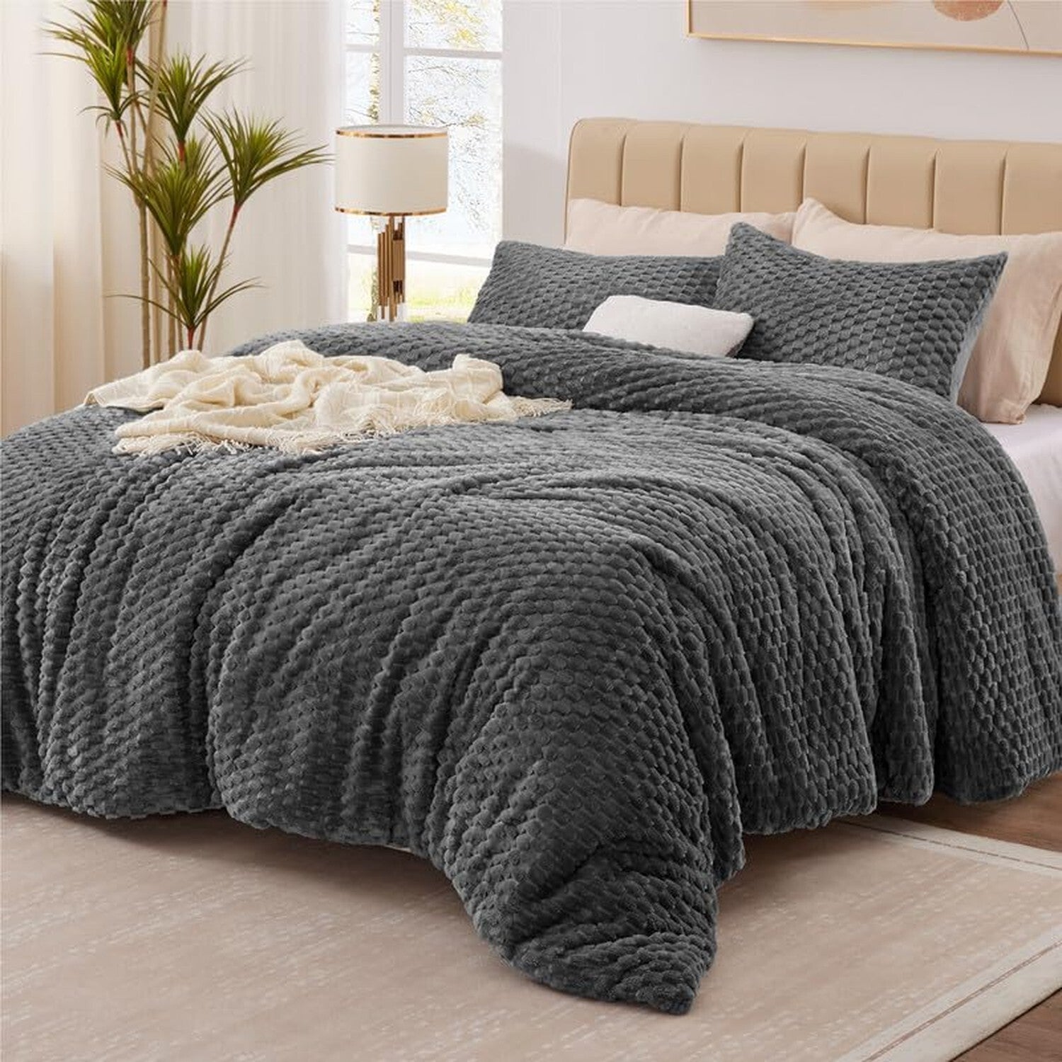 Fluffy King Comforter Set - Luxury Fuzzy Brushed Plaid Pattern Bedding Comfor...