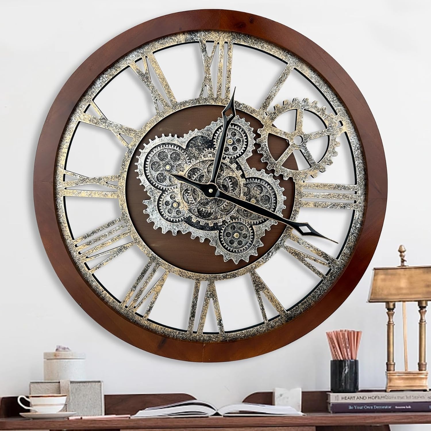 Large Wall Clock, 24 Inch Wall Clocks for Living Room Decor Farmhouse Vintage Rustic Kitchen Wall Decor Vintage Roman Big Oversized Wall Clock for Home Bedroom House Office, Moving Gears Clock