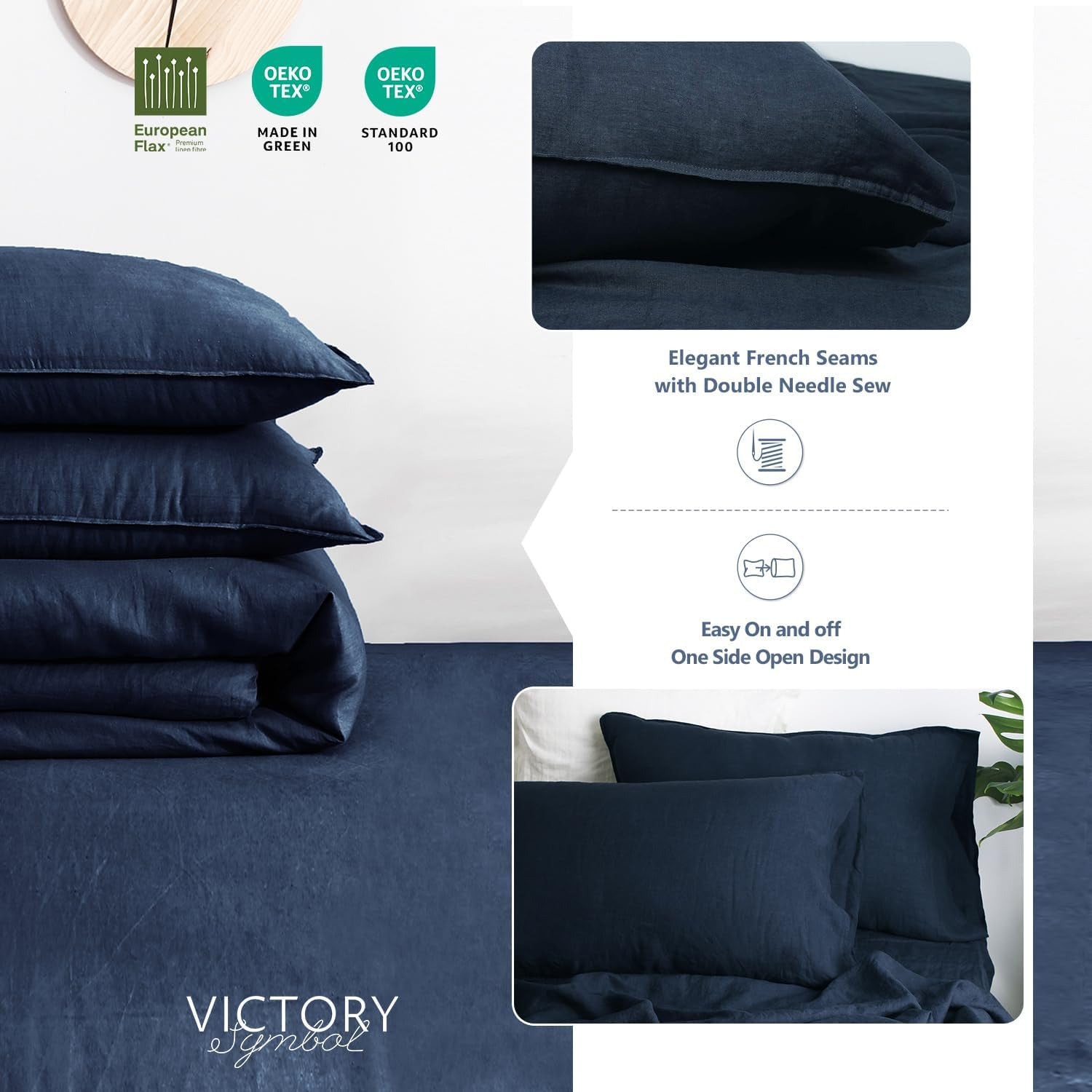 100% Organic Linen Duvet Cover Set Queen Size,Natural French Linen Bedding Set with Stone Washed,Comforter Cover with Button Closure(Navy) Soft,Breathable