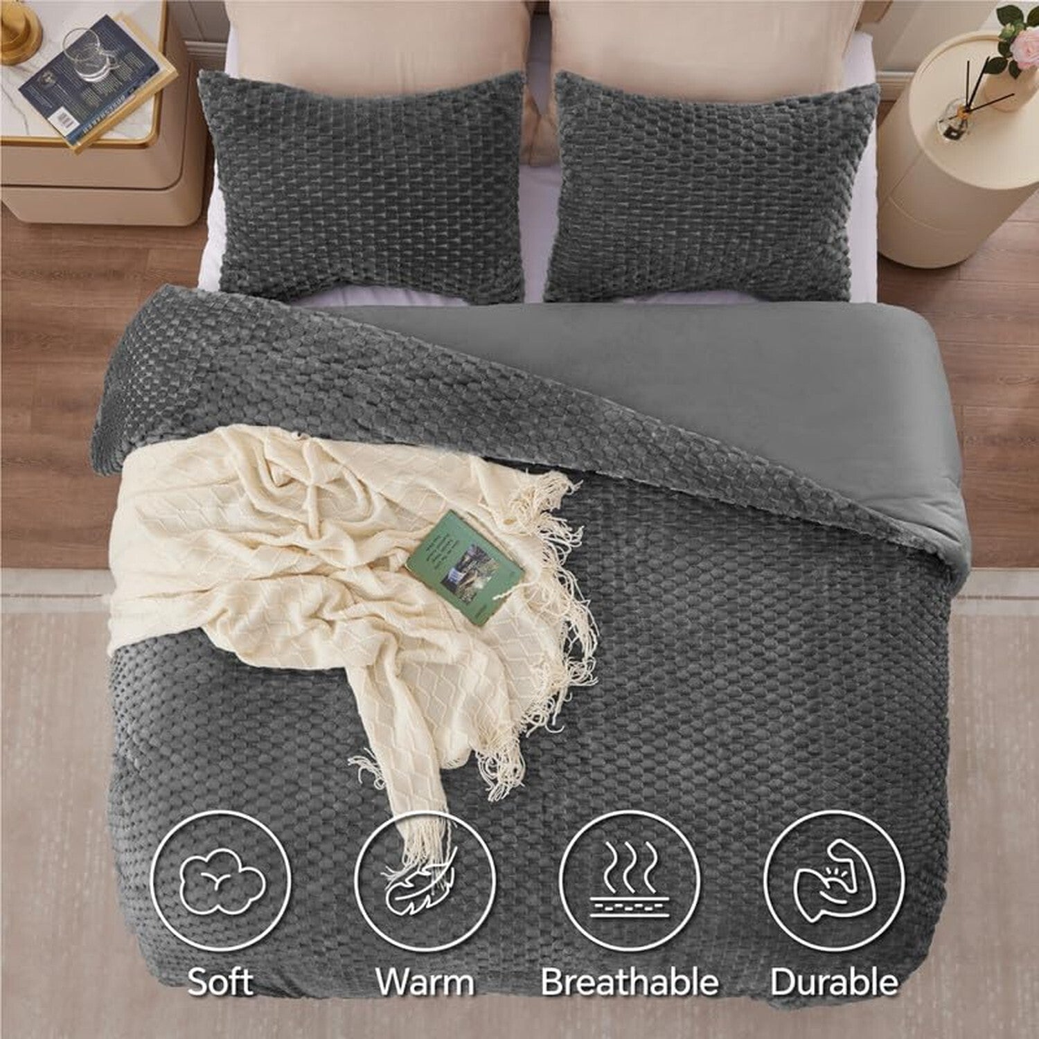 Fluffy King Comforter Set - Luxury Fuzzy Brushed Plaid Pattern Bedding Comfor...