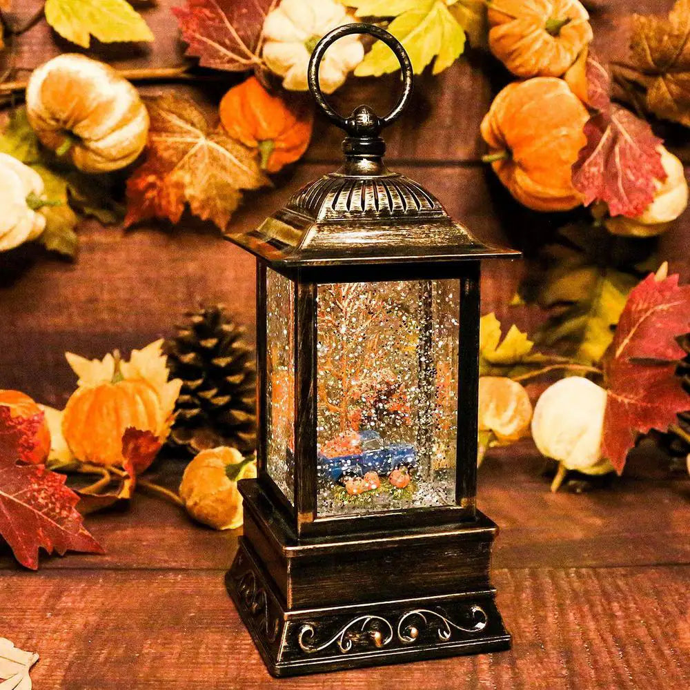 Thanksgiving Lighted Lantern, Swirling Glitter Fall Snow Globe Lantern for Fall Harvest Day and Halloween