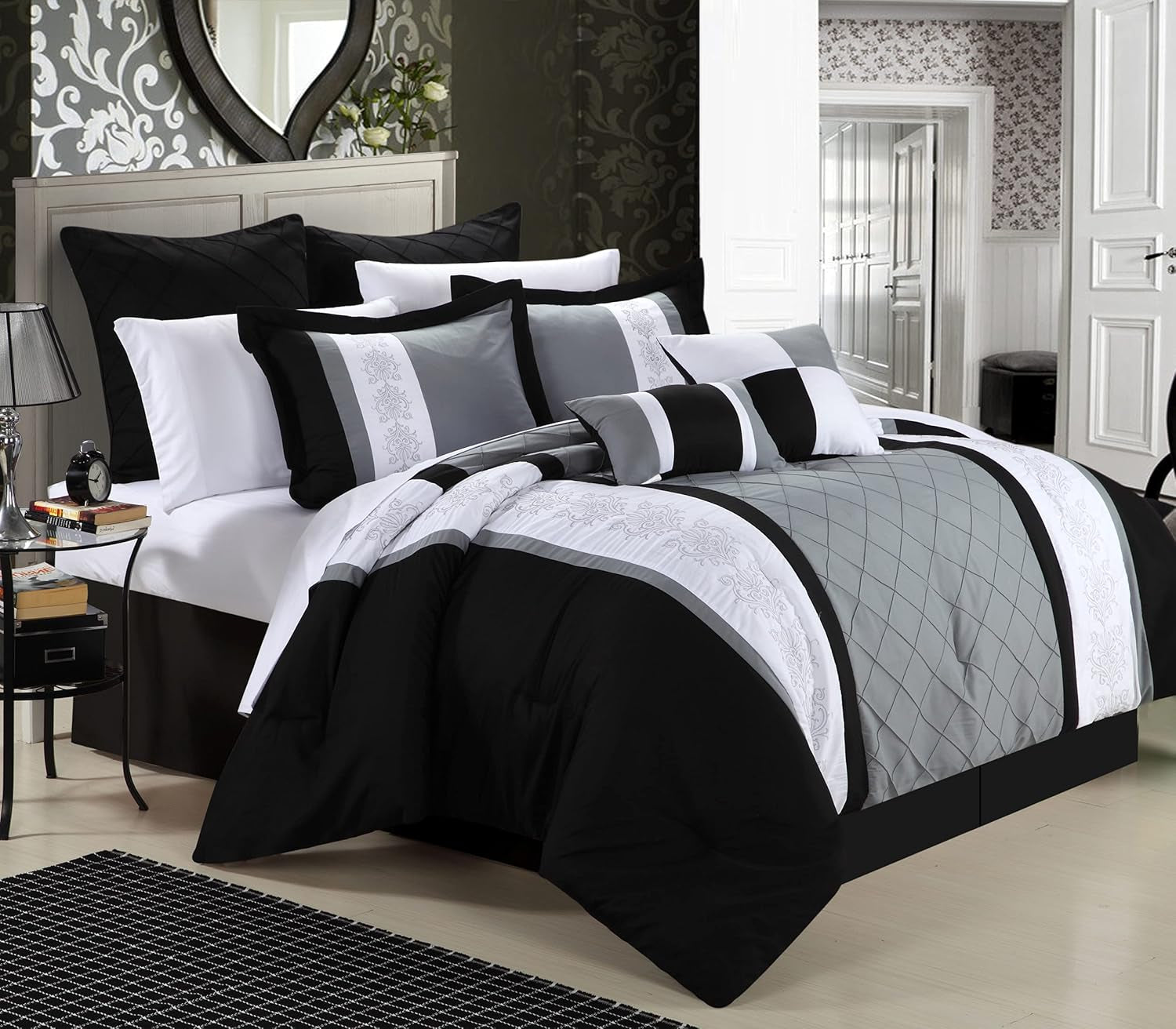8-Piece Embroidery Comforter Set, Queen, Livingston Black