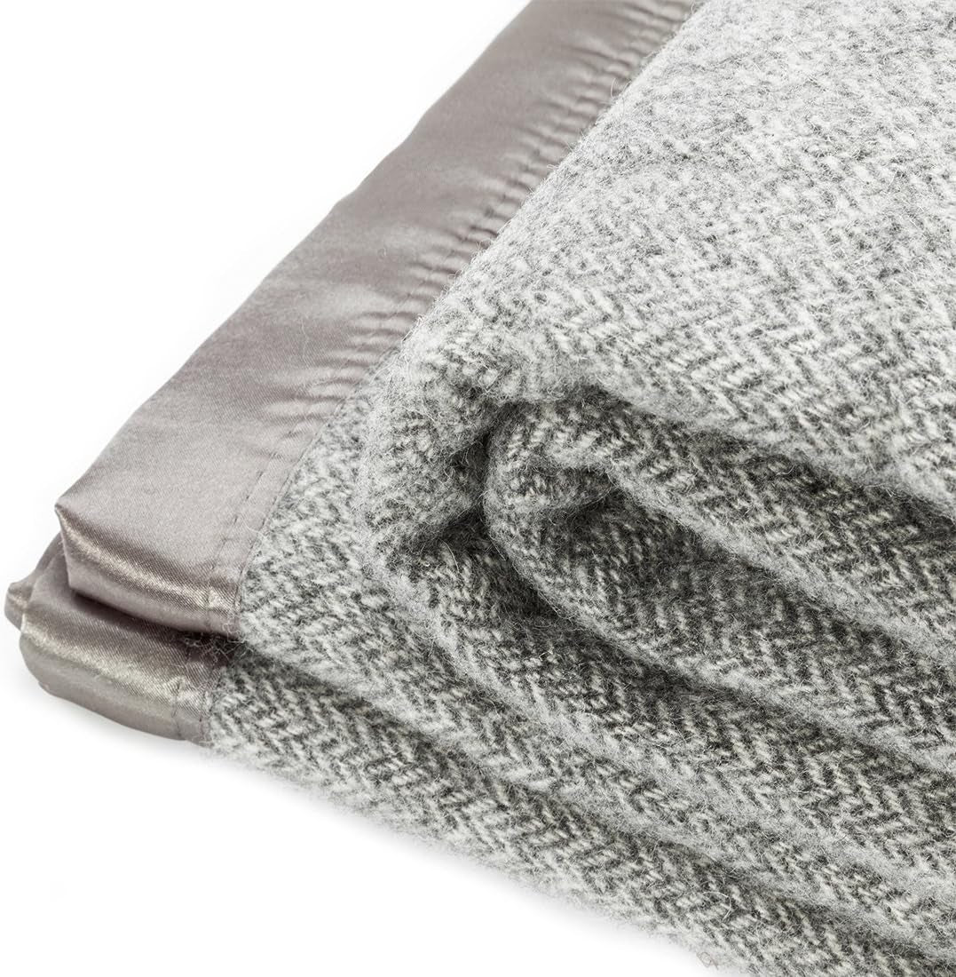 Bed Throws - Wool Herringbone Throw Blanket, Grey, Queen Size