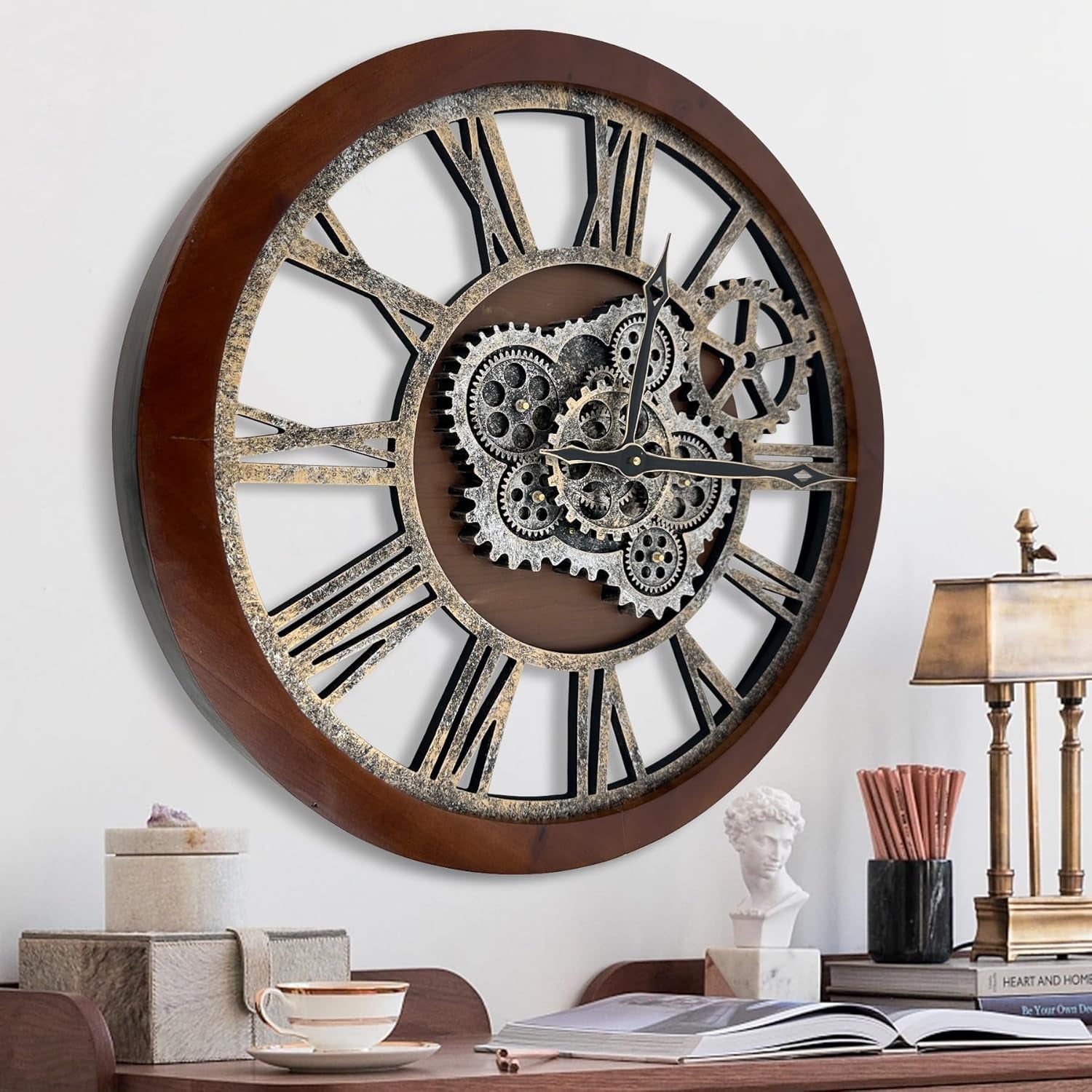 Large Wall Clock, 24 Inch Wall Clocks for Living Room Decor Farmhouse Vintage Rustic Kitchen Wall Decor Vintage Roman Big Oversized Wall Clock for Home Bedroom House Office, Moving Gears Clock