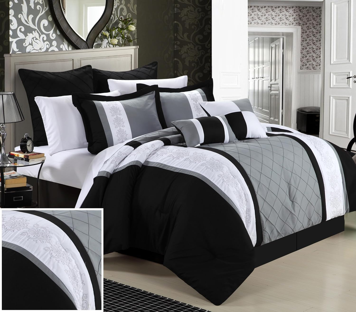 8-Piece Embroidery Comforter Set, Queen, Livingston Black