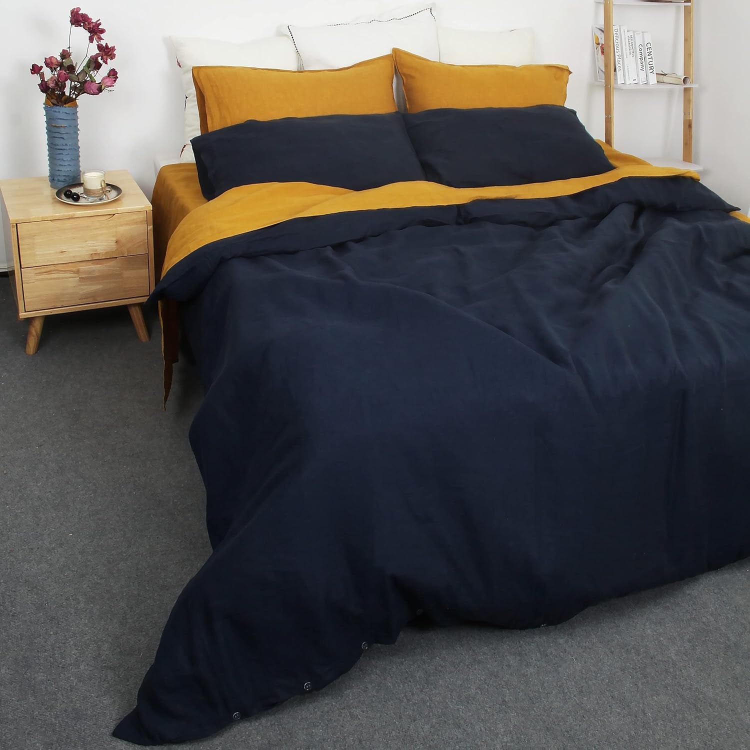 100% Organic Linen Duvet Cover Set Queen Size,Natural French Linen Bedding Set with Stone Washed,Comforter Cover with Button Closure(Navy) Soft,Breathable