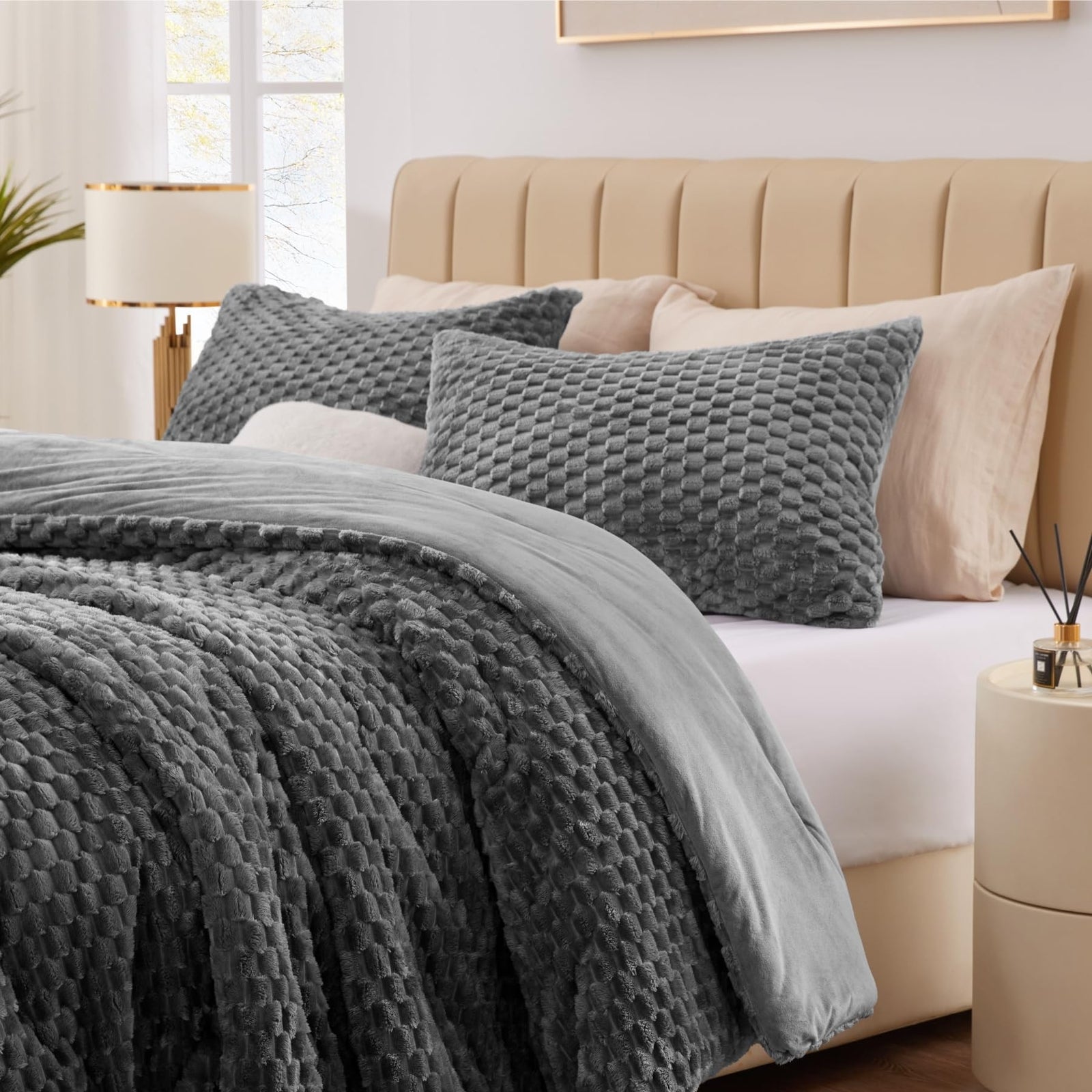 Fluffy King Comforter Set - Luxury Fuzzy Brushed Plaid Pattern Bedding Comfor...