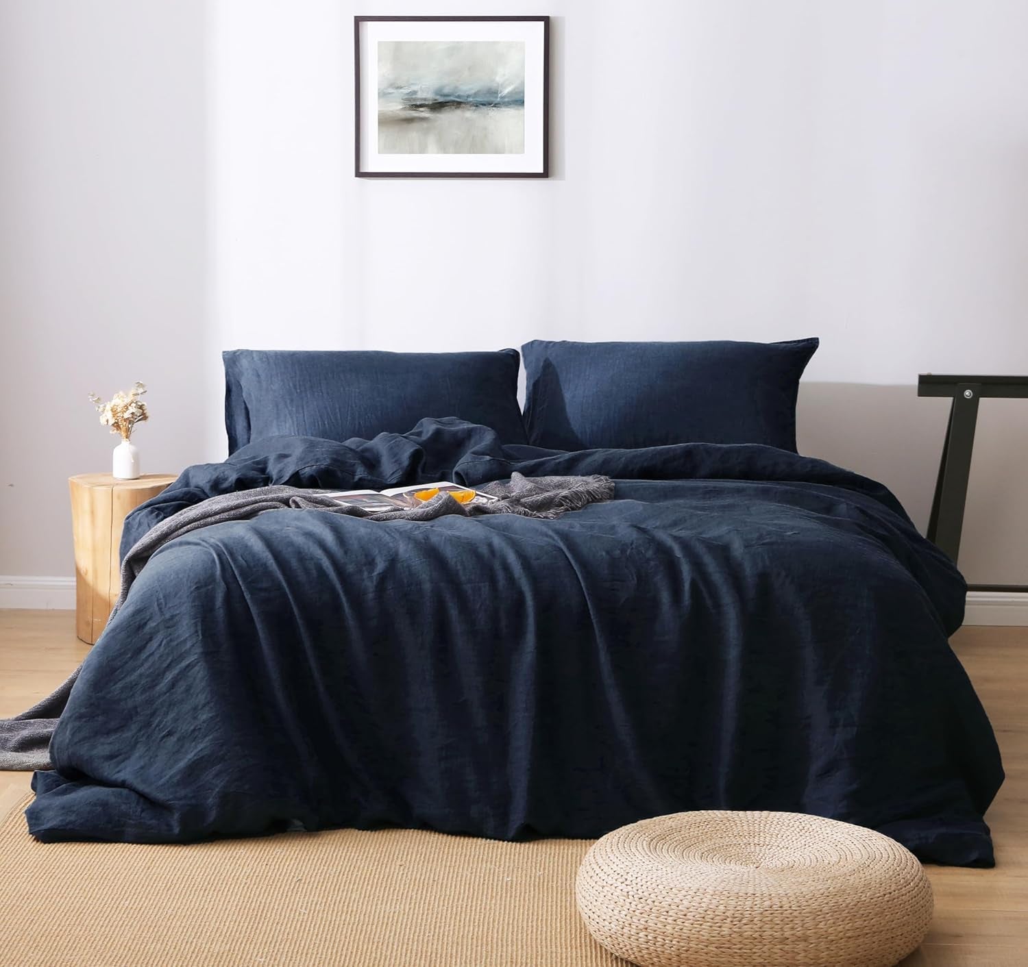 100% Organic Linen Duvet Cover Set Queen Size,Natural French Linen Bedding Set with Stone Washed,Comforter Cover with Button Closure(Navy) Soft,Breathable