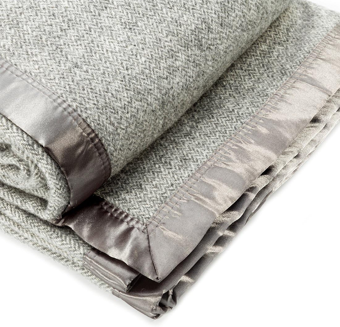 Bed Throws - Wool Herringbone Throw Blanket, Grey, Queen Size