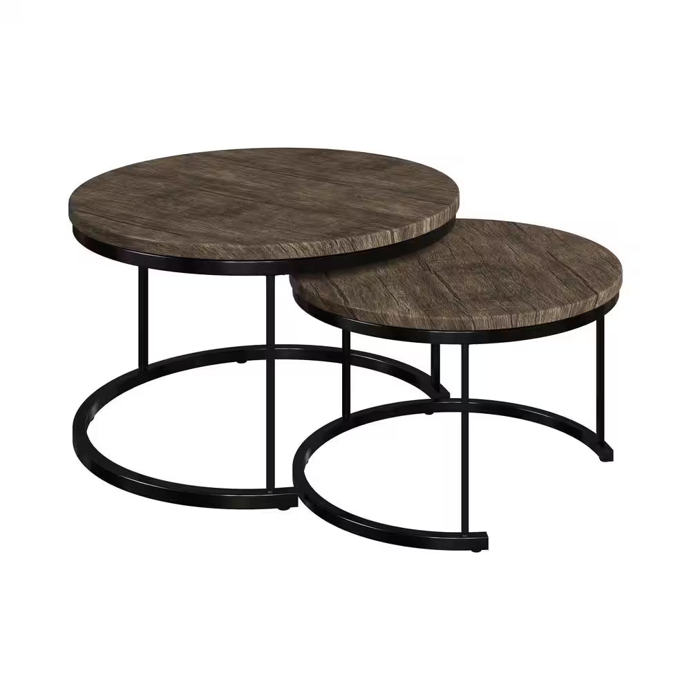 Round 29 In. Coffee Table Set-2-Piece Nesting Tables Gray-Brown Wood Grain-Look