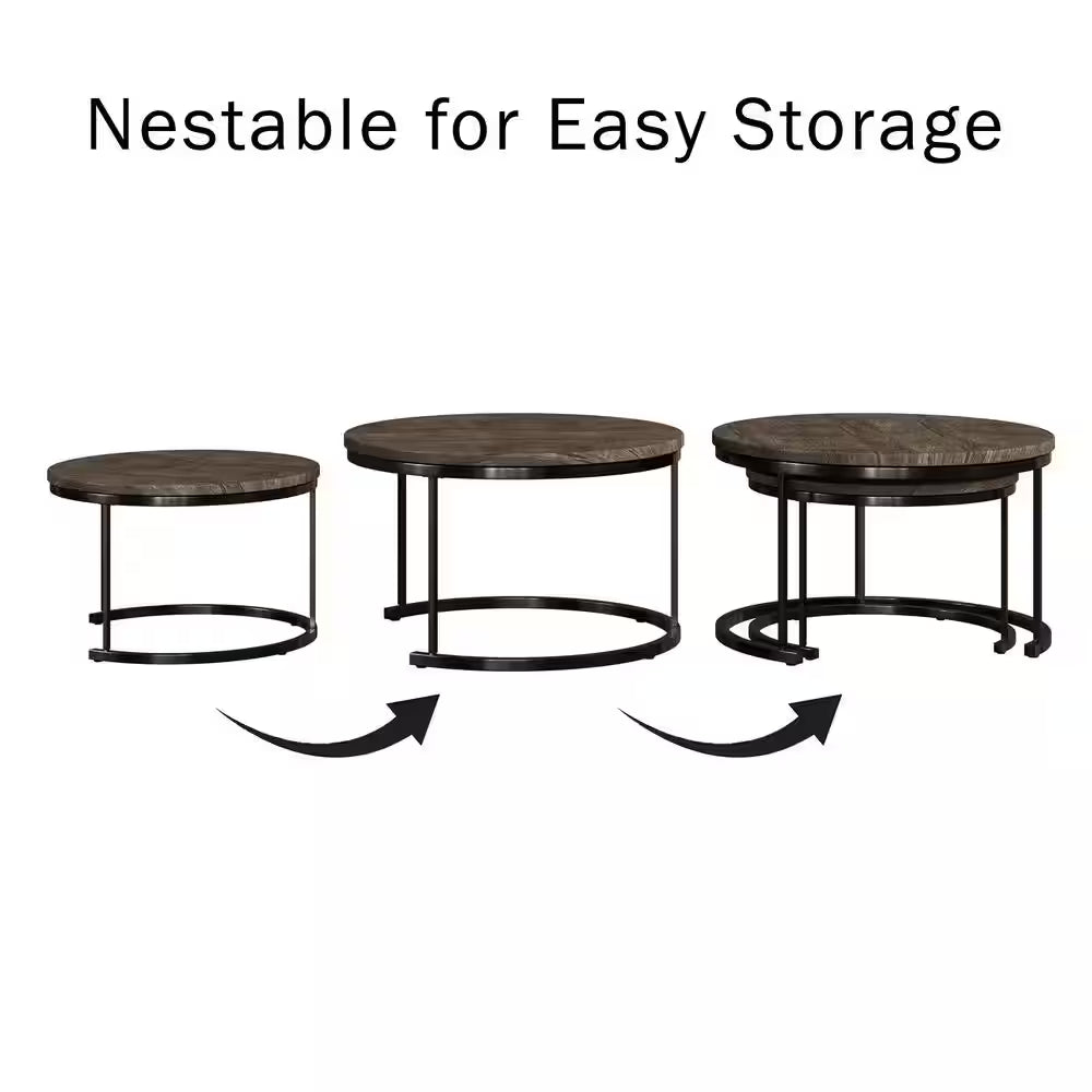 Round 29 In. Coffee Table Set-2-Piece Nesting Tables Gray-Brown Wood Grain-Look