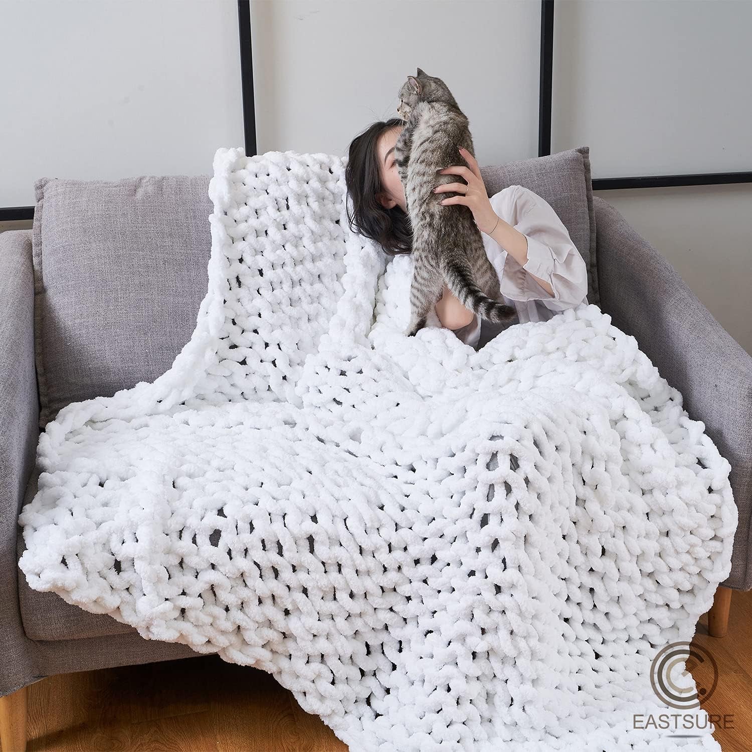 Chunky Knit Blanket Chenille Throw - Warm Soft Cozy for Sofa Bed Boho Home Decor 100% Hand Made Stylish & Cosy Throw Blanket White 60"X80"(Full Size)