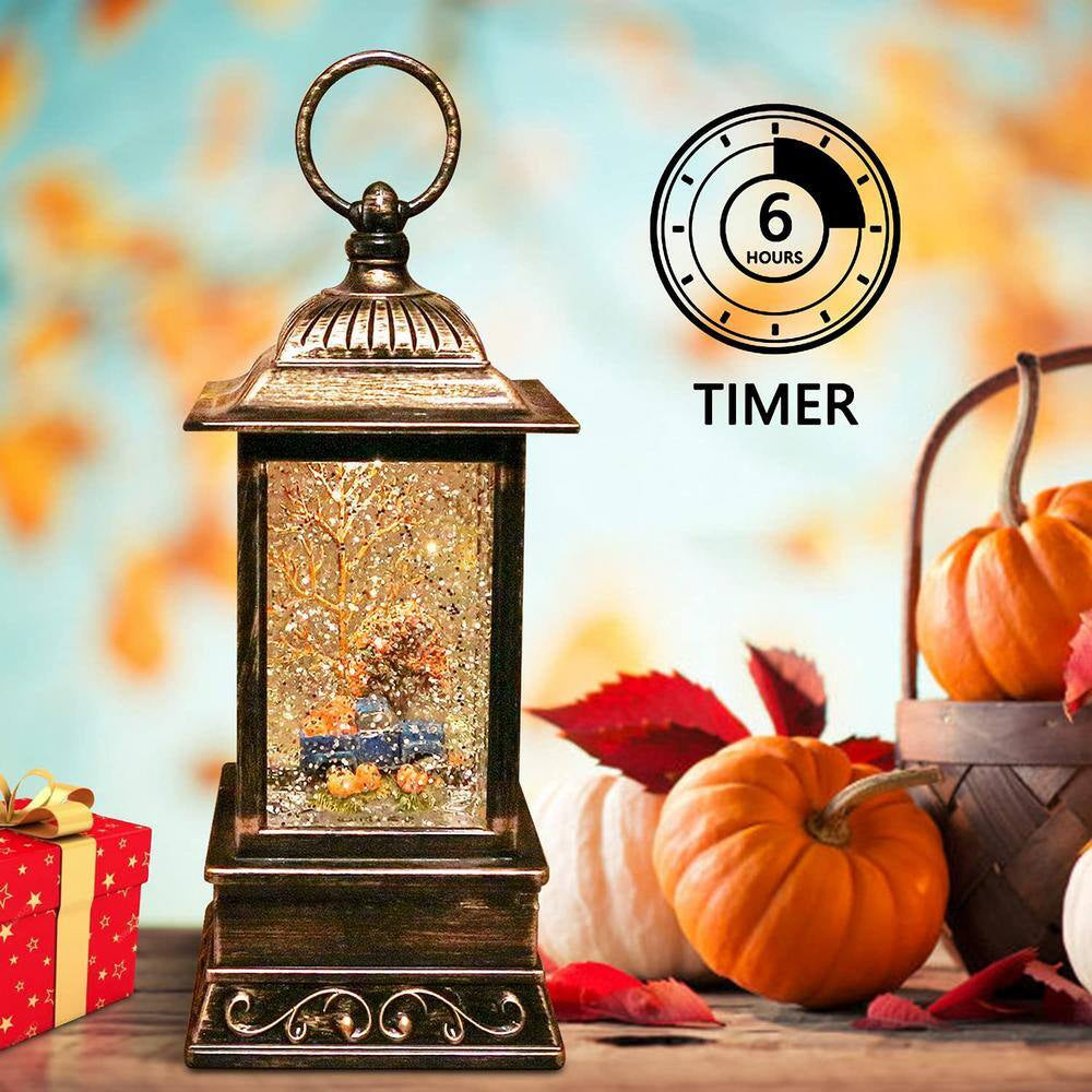Thanksgiving Lighted Lantern, Swirling Glitter Fall Snow Globe Lantern for Fall Harvest Day and Halloween