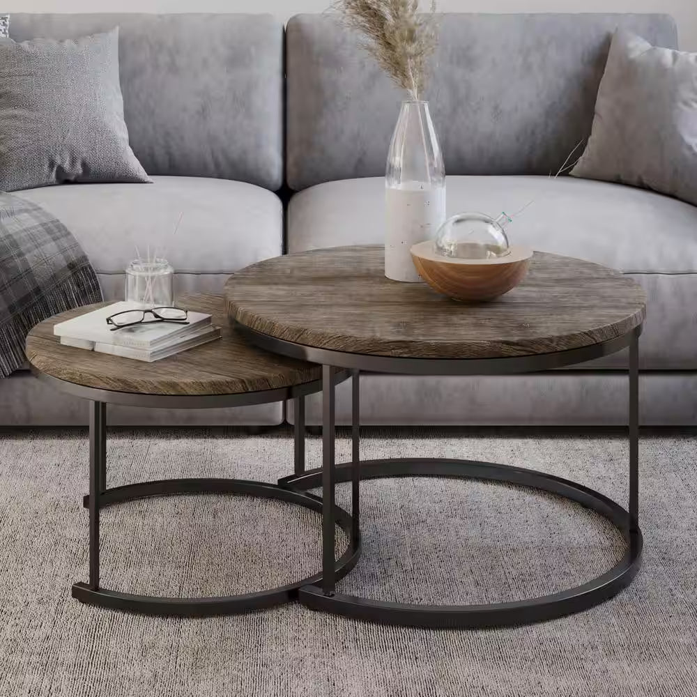 Round 29 In. Coffee Table Set-2-Piece Nesting Tables Gray-Brown Wood Grain-Look