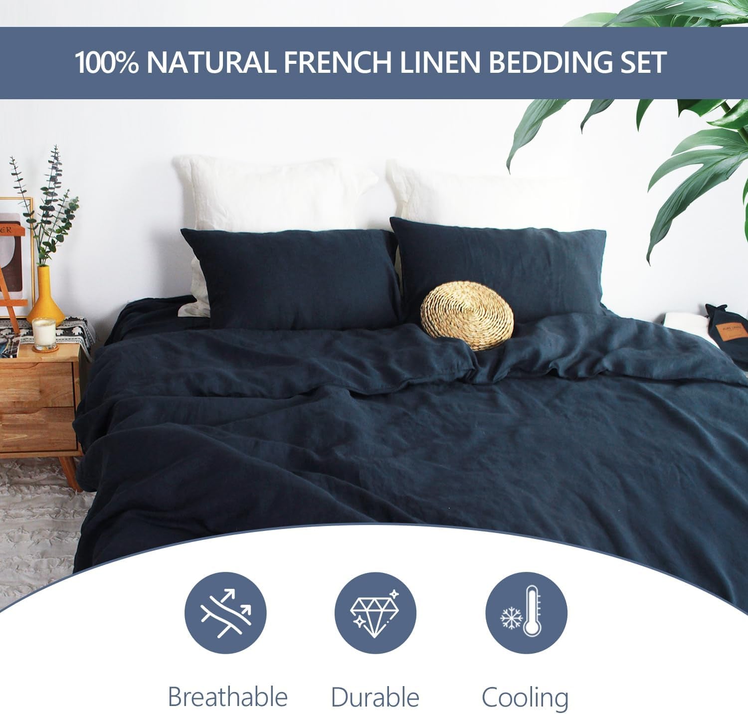 100% Organic Linen Duvet Cover Set Queen Size,Natural French Linen Bedding Set with Stone Washed,Comforter Cover with Button Closure(Navy) Soft,Breathable