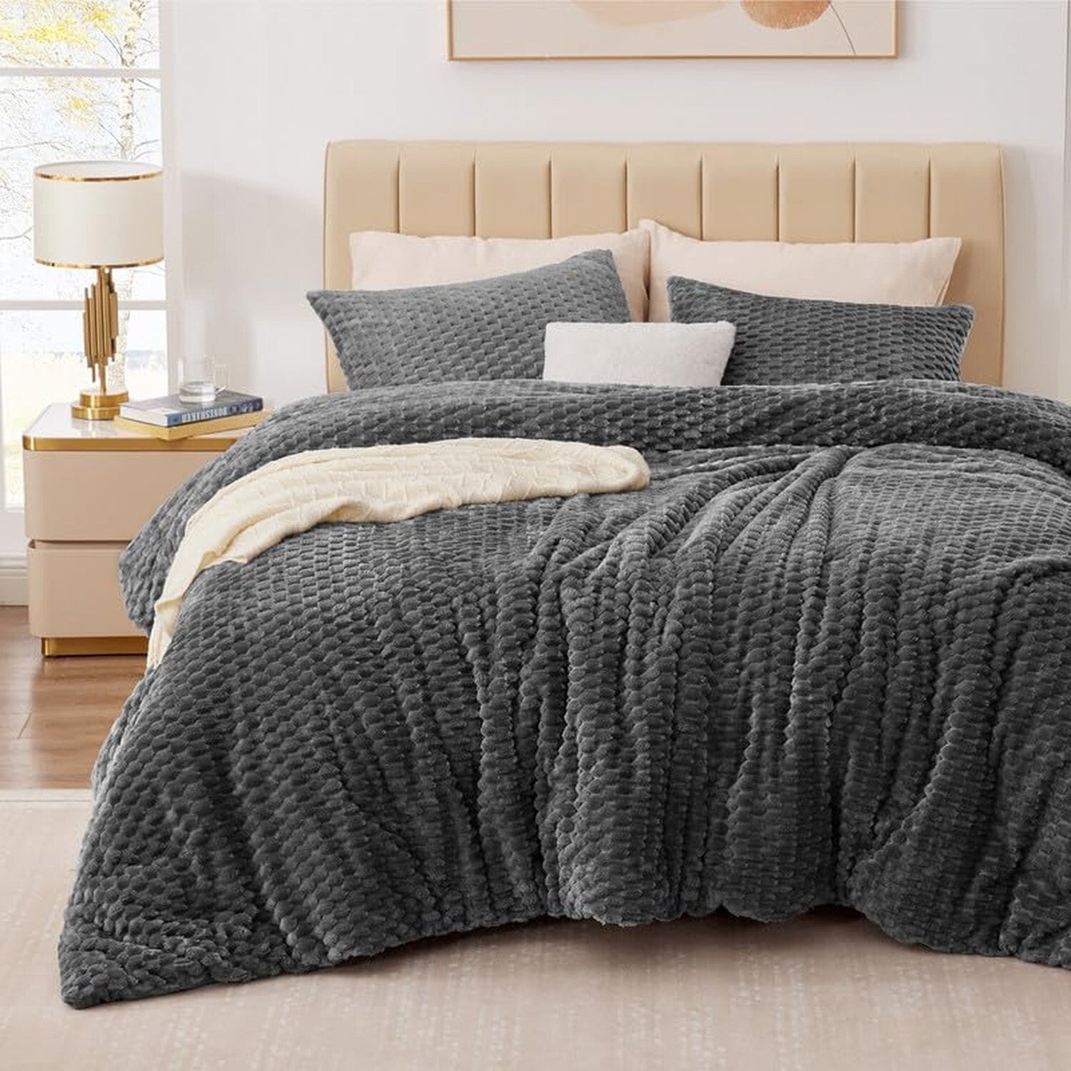 Fluffy King Comforter Set - Luxury Fuzzy Brushed Plaid Pattern Bedding Comfor...