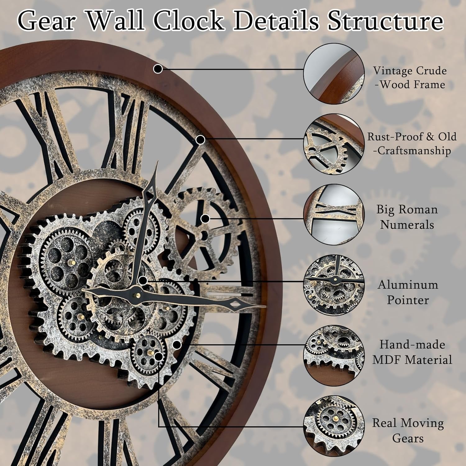 Large Wall Clock, 24 Inch Wall Clocks for Living Room Decor Farmhouse Vintage Rustic Kitchen Wall Decor Vintage Roman Big Oversized Wall Clock for Home Bedroom House Office, Moving Gears Clock