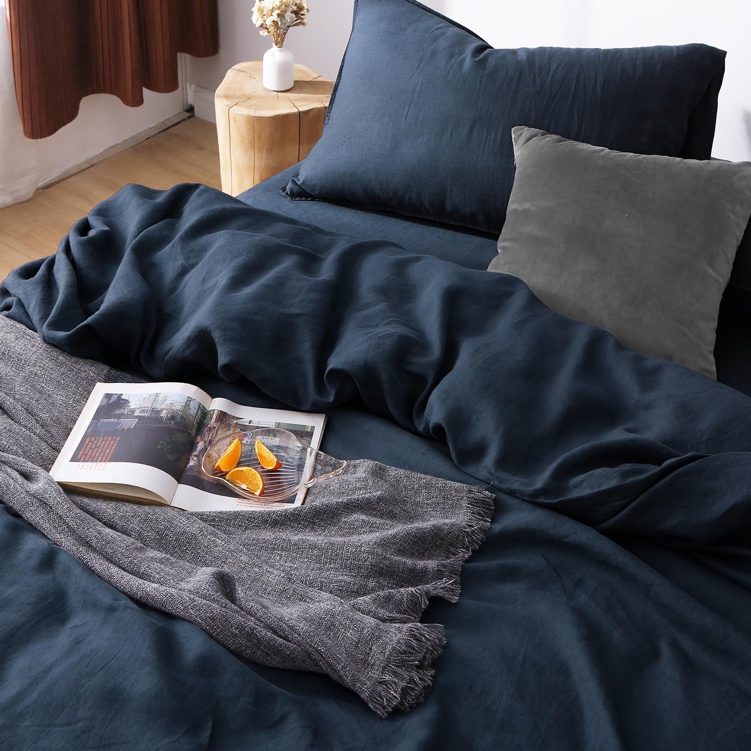 100% Organic Linen Duvet Cover Set Queen Size,Natural French Linen Bedding Set with Stone Washed,Comforter Cover with Button Closure(Navy) Soft,Breathable
