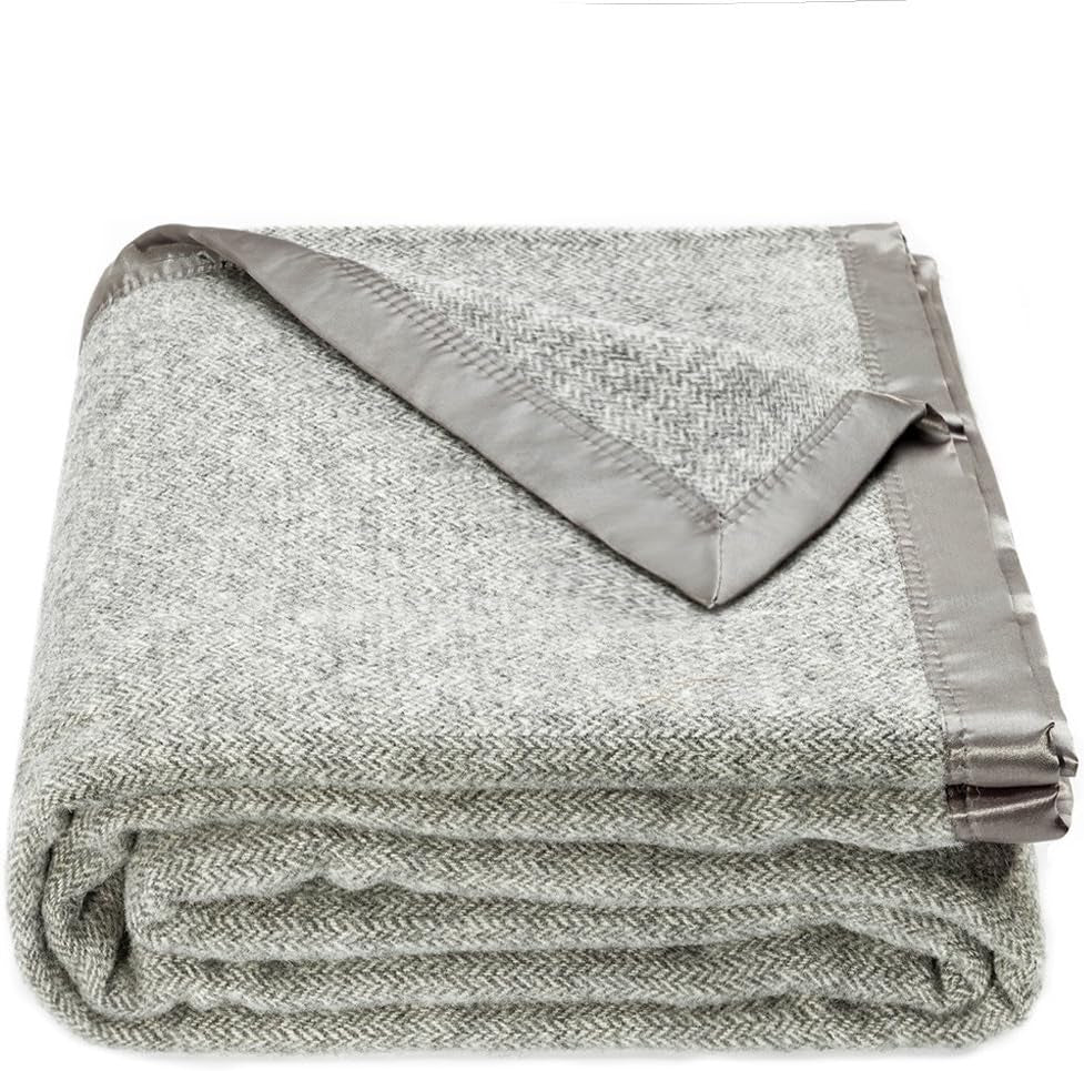 Bed Throws - Wool Herringbone Throw Blanket, Grey, Queen Size