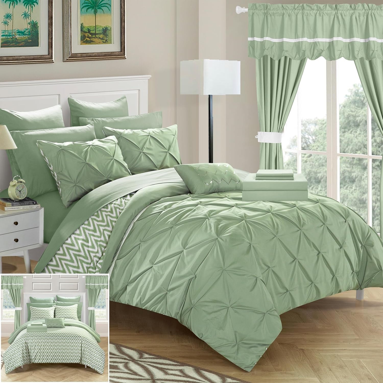 CS0588-AN 20 Piece Jacksonville Complete Bed Room in a Bag Super Pinch Pleated Design Reversible Chevron Pattern Comforter Set, Sheet, Window Treatments and Decorative Pillows, Queen, Green