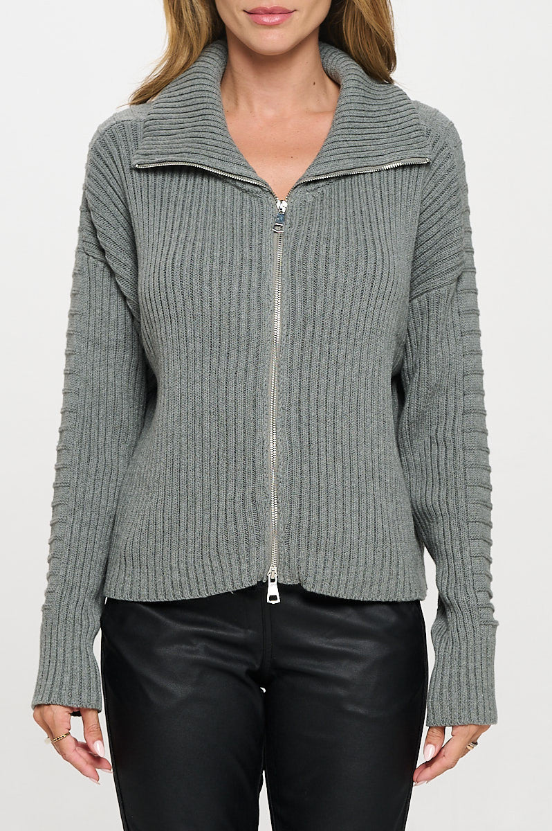 Cotton Knit Detail Long Sleeve Zip Up Sweater