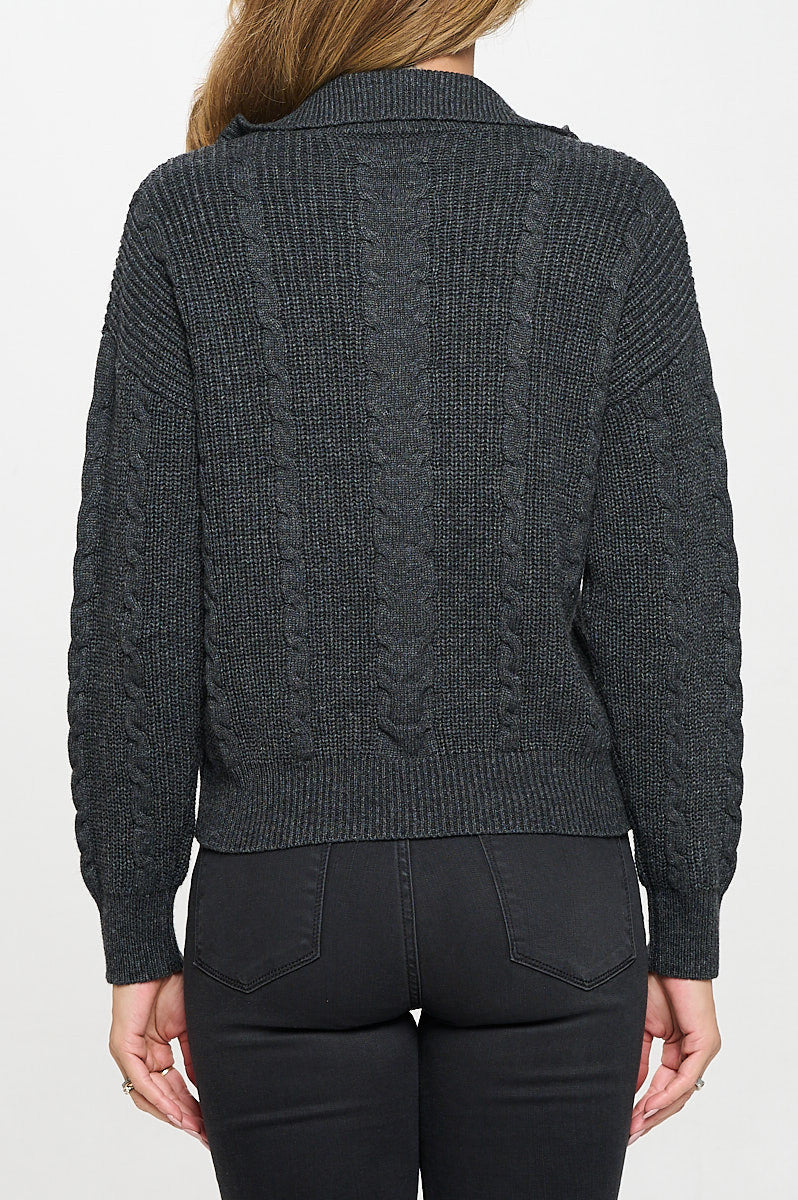 Braided Knit Detail Long Sleeve Zip Up Sweater
