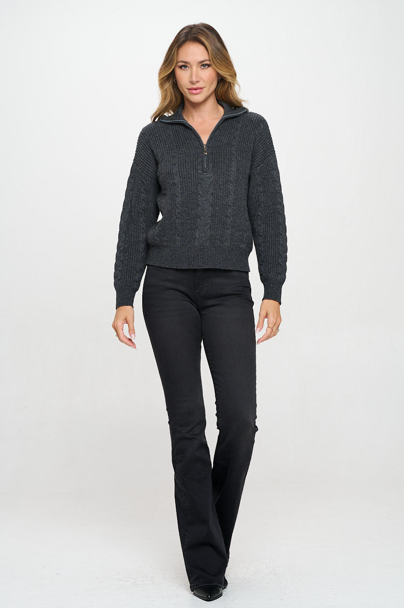 Braided Knit Detail Long Sleeve Zip Up Sweater