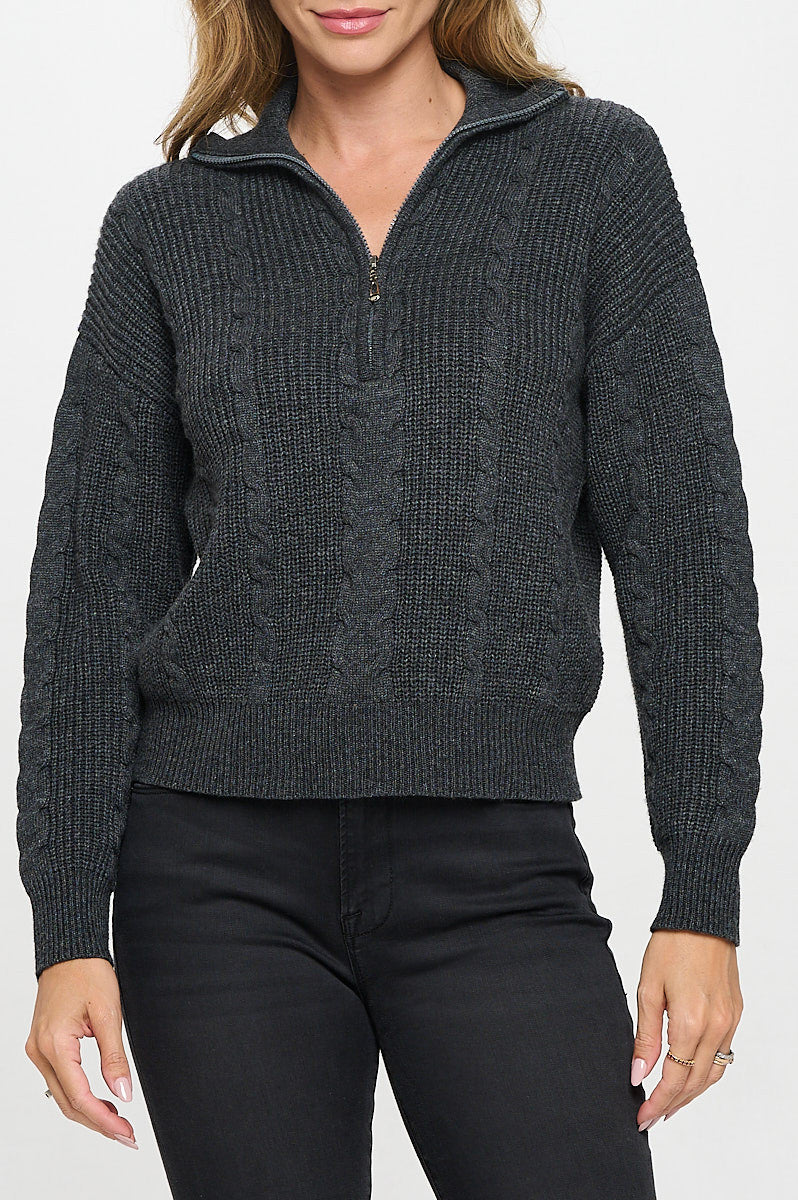 Braided Knit Detail Long Sleeve Zip Up Sweater