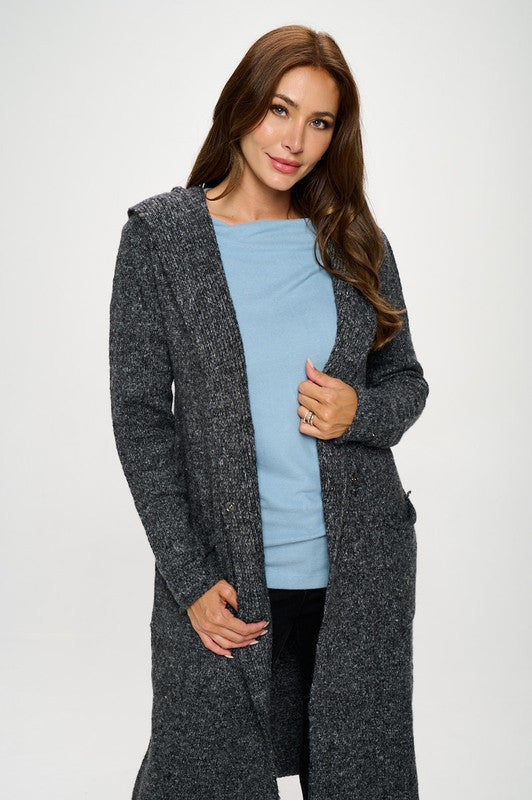 Charcoal Knit Open Front Cardigan Sweater with Pockets and Hood