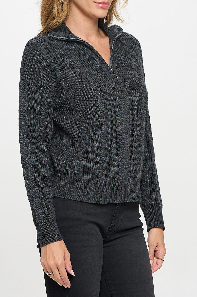 Braided Knit Detail Long Sleeve Zip Up Sweater