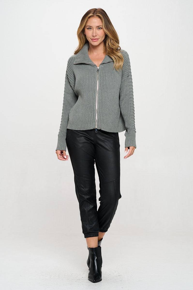 Cotton Knit Detail Long Sleeve Zip Up Sweater