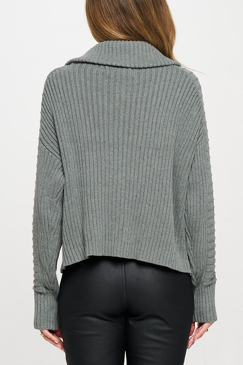 Cotton Knit Detail Long Sleeve Zip Up Sweater