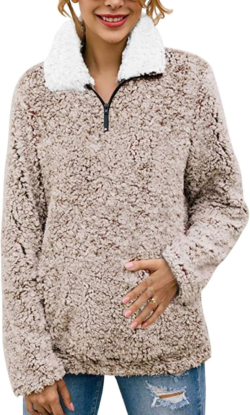 Women'S Long Sleeve 1/4 Zipper Pullover Sherpa Fleece Winter Oversized Outwear Sweatshirt Coat