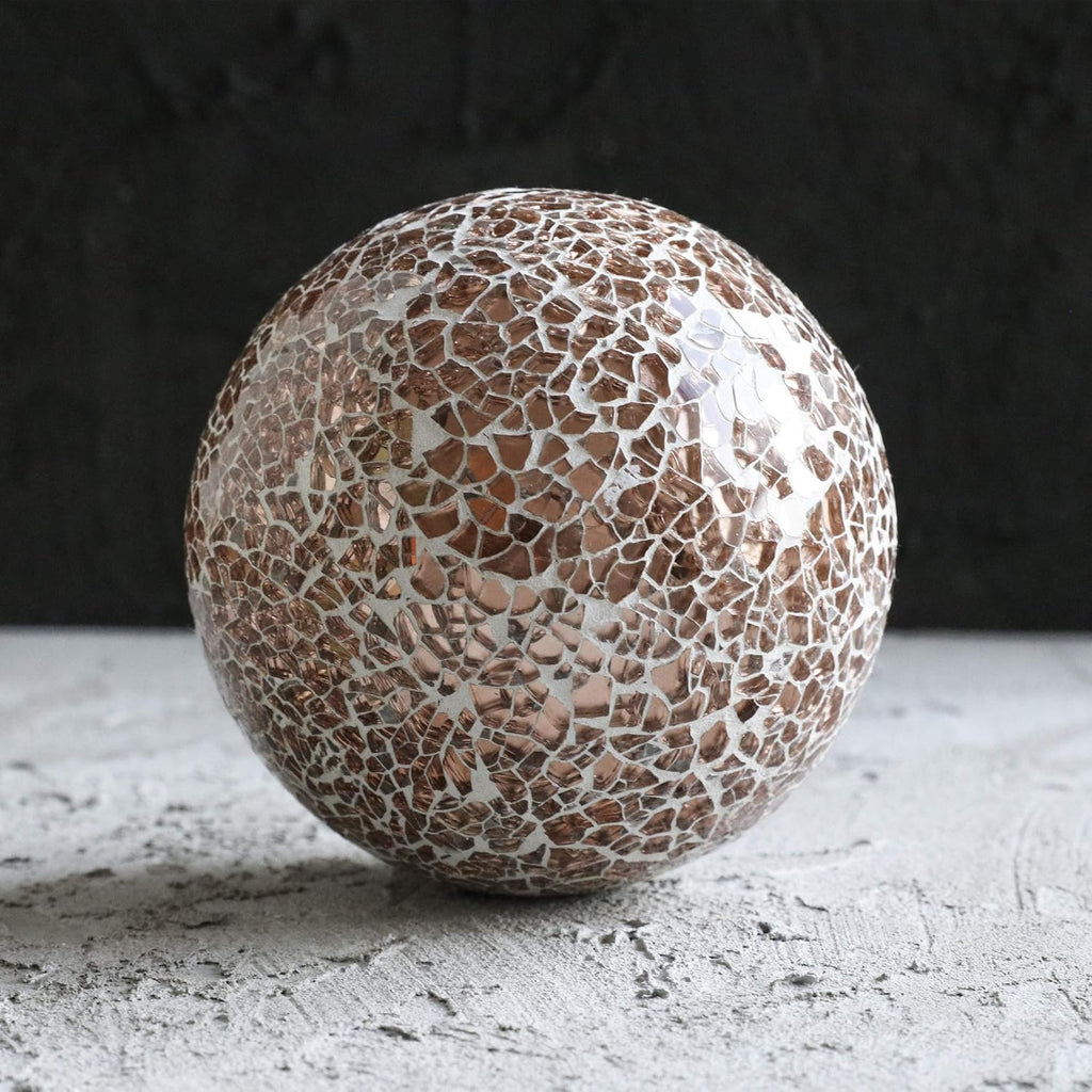 | Decorative Balls | Set of 3 Glass Mosaic Orbs for Bowls | 4" Diameter | Table Centerpiece | Coffee Table and House Decor (Rose Gold)