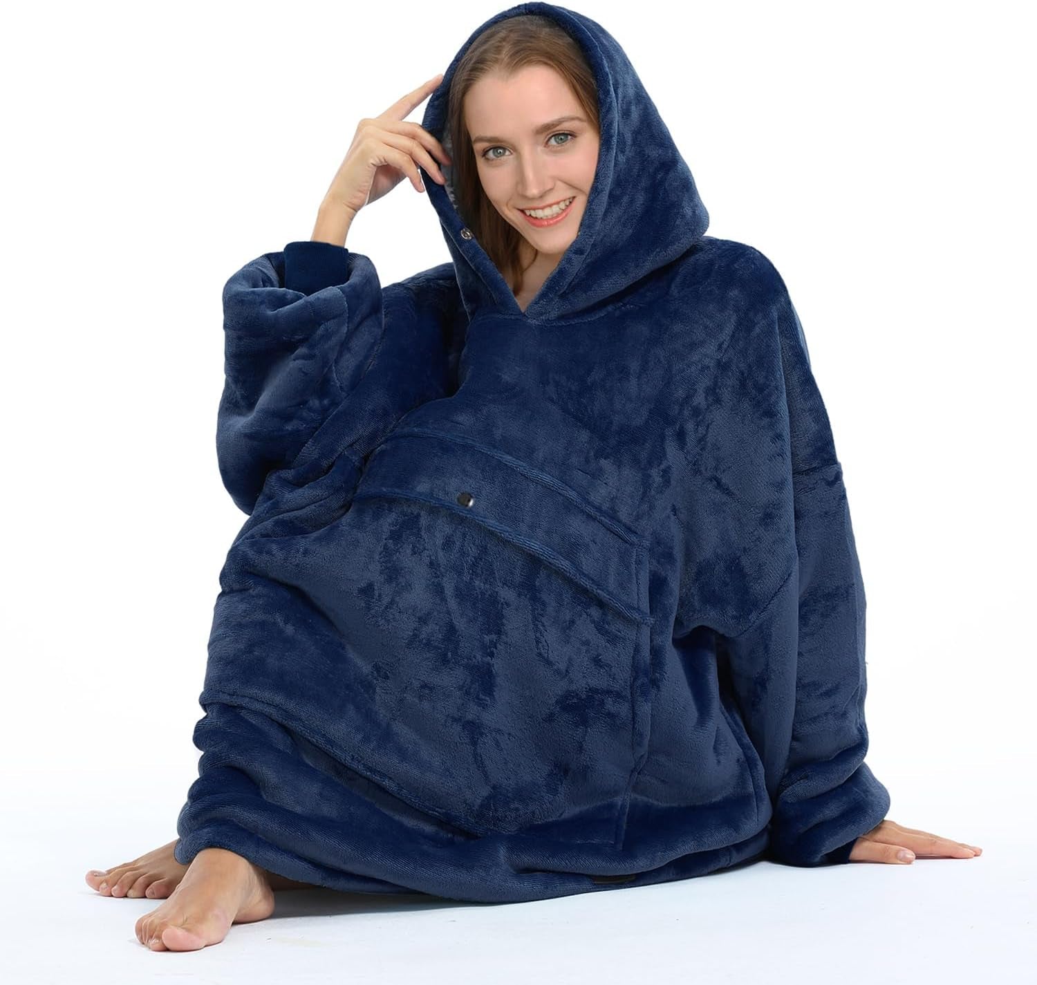 Oversized Wearable Blanket Hoodie with Pet Pocket, Warm Super Soft Cozy Sherpa Sweatshirt Hoodie for Women Men, Best Gift for Your Loves, Deep Blue