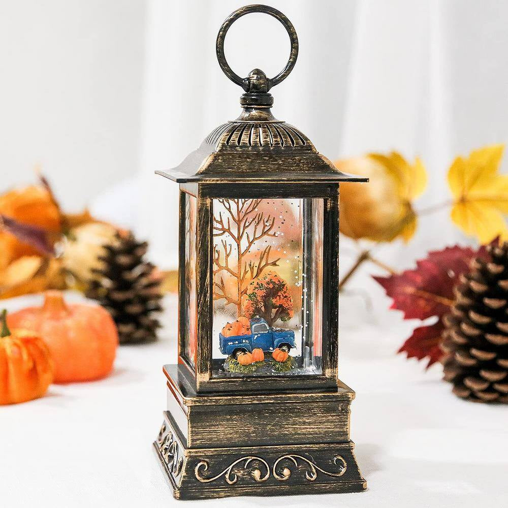 Thanksgiving Lighted Lantern, Swirling Glitter Fall Snow Globe Lantern for Fall Harvest Day and Halloween