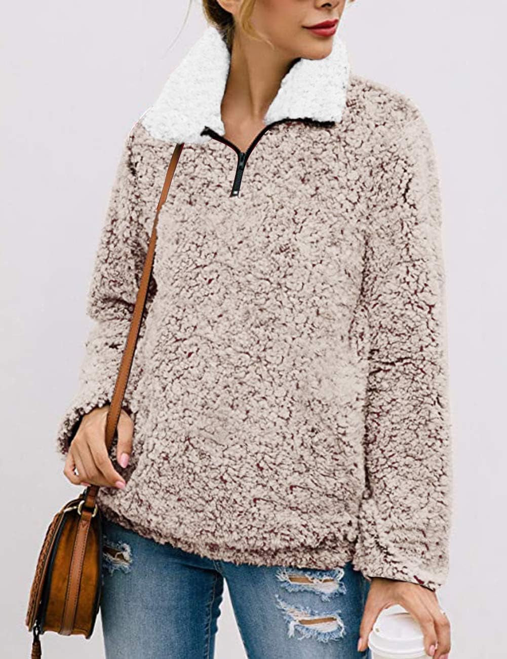 Women'S Long Sleeve 1/4 Zipper Pullover Sherpa Fleece Winter Oversized Outwear Sweatshirt Coat