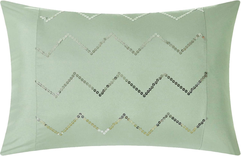 CS0588-AN 20 Piece Jacksonville Complete Bed Room in a Bag Super Pinch Pleated Design Reversible Chevron Pattern Comforter Set, Sheet, Window Treatments and Decorative Pillows, Queen, Green