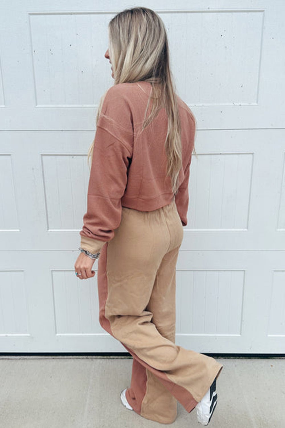 Khaki Color Block Long Sleeve Crop Top Drawstring Pant Set - Perfect Discovery