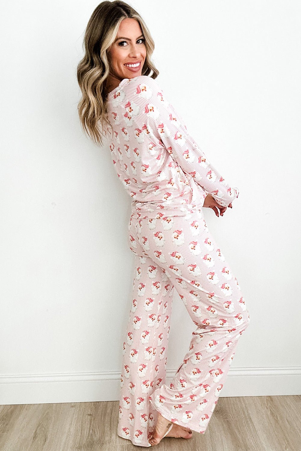 Pink Santa Claus Striped Print Loose Fit Two Piece Loungewear Set - Perfect Discovery