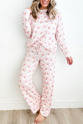 Pink Santa Claus Striped Print Loose Fit Two Piece Loungewear Set - Perfect Discovery