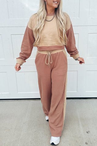 Khaki Color Block Long Sleeve Crop Top Drawstring Pant Set - Perfect Discovery