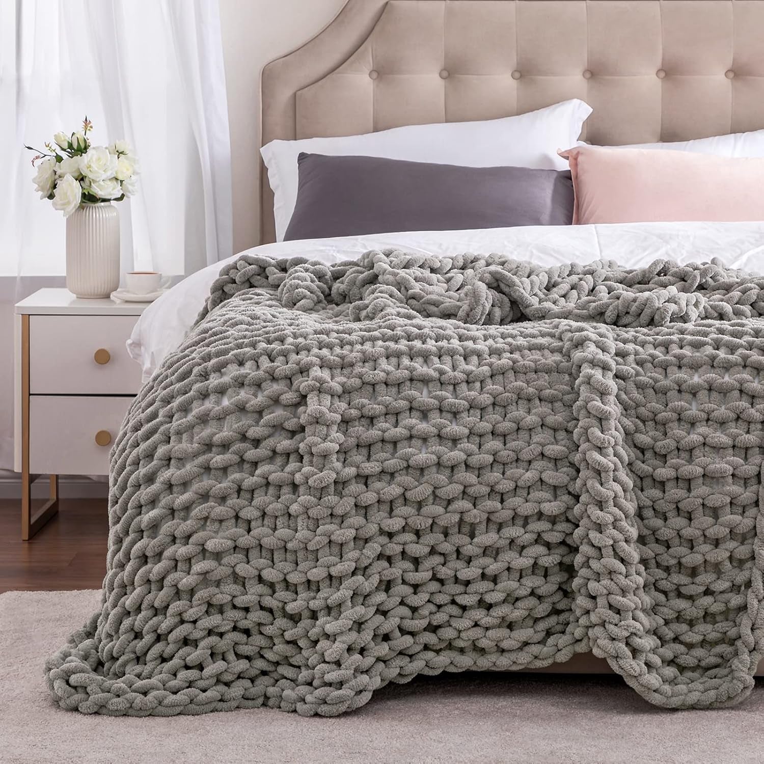 Chunky Knit Blanket Soft Chenille Throw Blanket Handmade Knitted Yarn Blanket for Couch Bed Sofa Home Decor Gift
