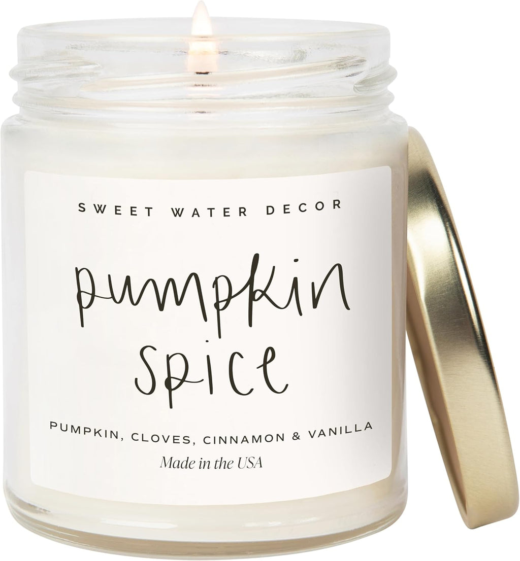 Pumpkin Spice Candle - Fall Candles with Pumpkin, Clover, Cinnamon & Vanilla Scent for Home - Autumn Candle with 40 Hours Burn Time - 9Oz Gold Lid Clear Jar Cozy Soy Candles