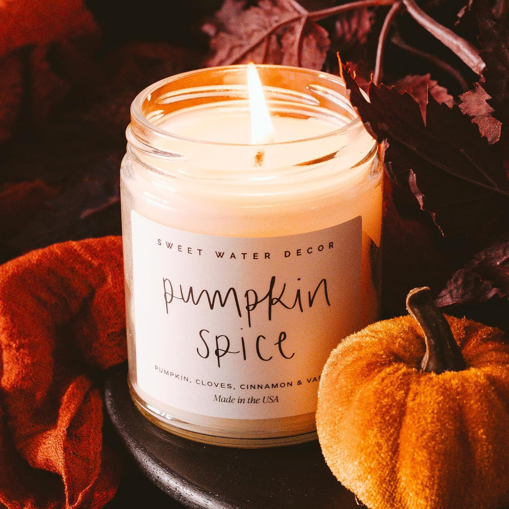 Pumpkin Spice Candle - Fall Candles with Pumpkin, Clover, Cinnamon & Vanilla Scent for Home - Autumn Candle with 40 Hours Burn Time - 9Oz Gold Lid Clear Jar Cozy Soy Candles