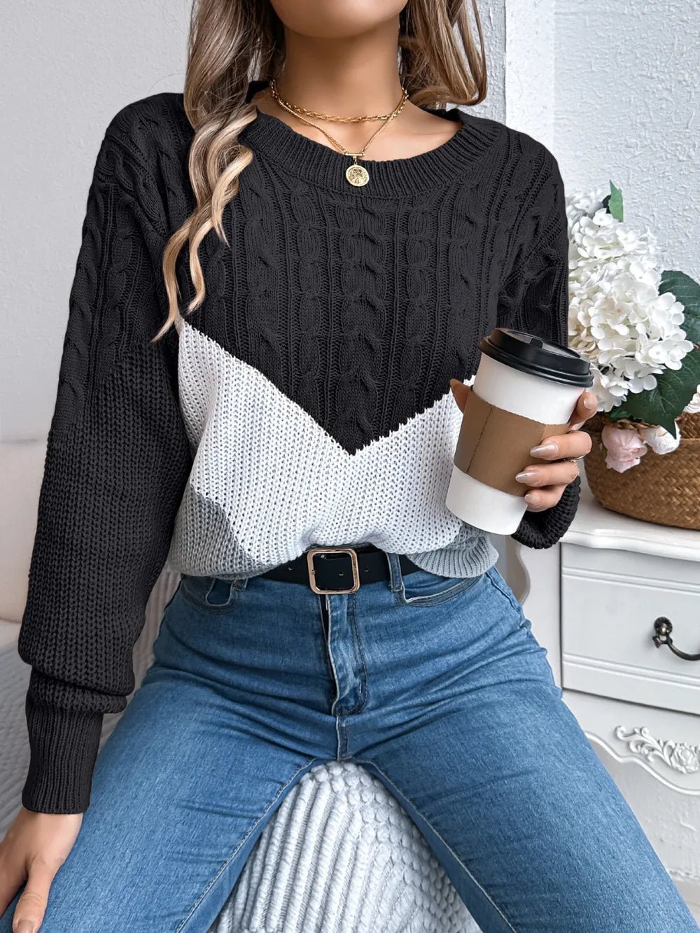 Cable - Knit Color Block Round Neck Sweater - Perfect Discovery