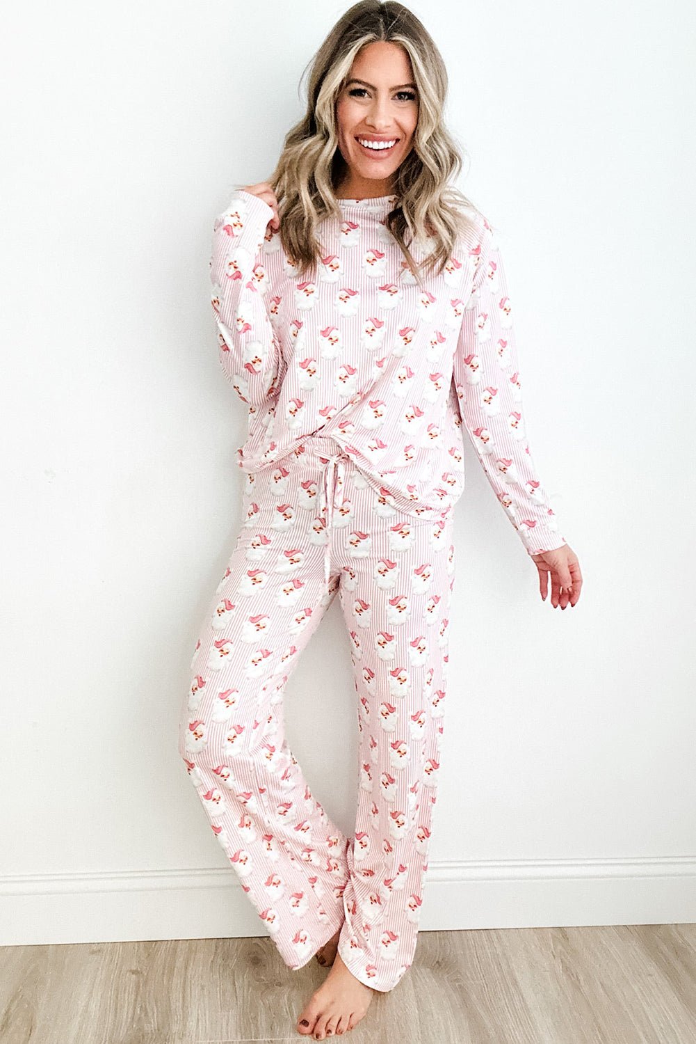 Pink Santa Claus Striped Print Loose Fit Two Piece Loungewear Set - Perfect Discovery